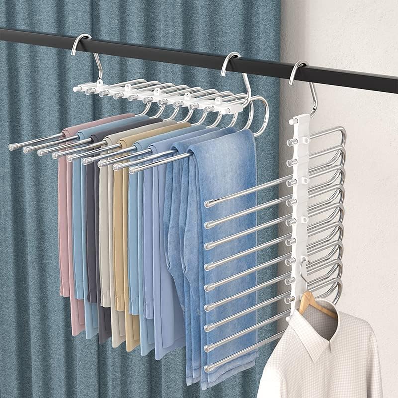 2 Pcs Upgrade 9 Layers Pants Hangers Space Saving - Hangers for Clothes Hanger Organizer - Jean Hangers Pants Rack Scarf Hanger Closet Space Saving Scarf Organizer