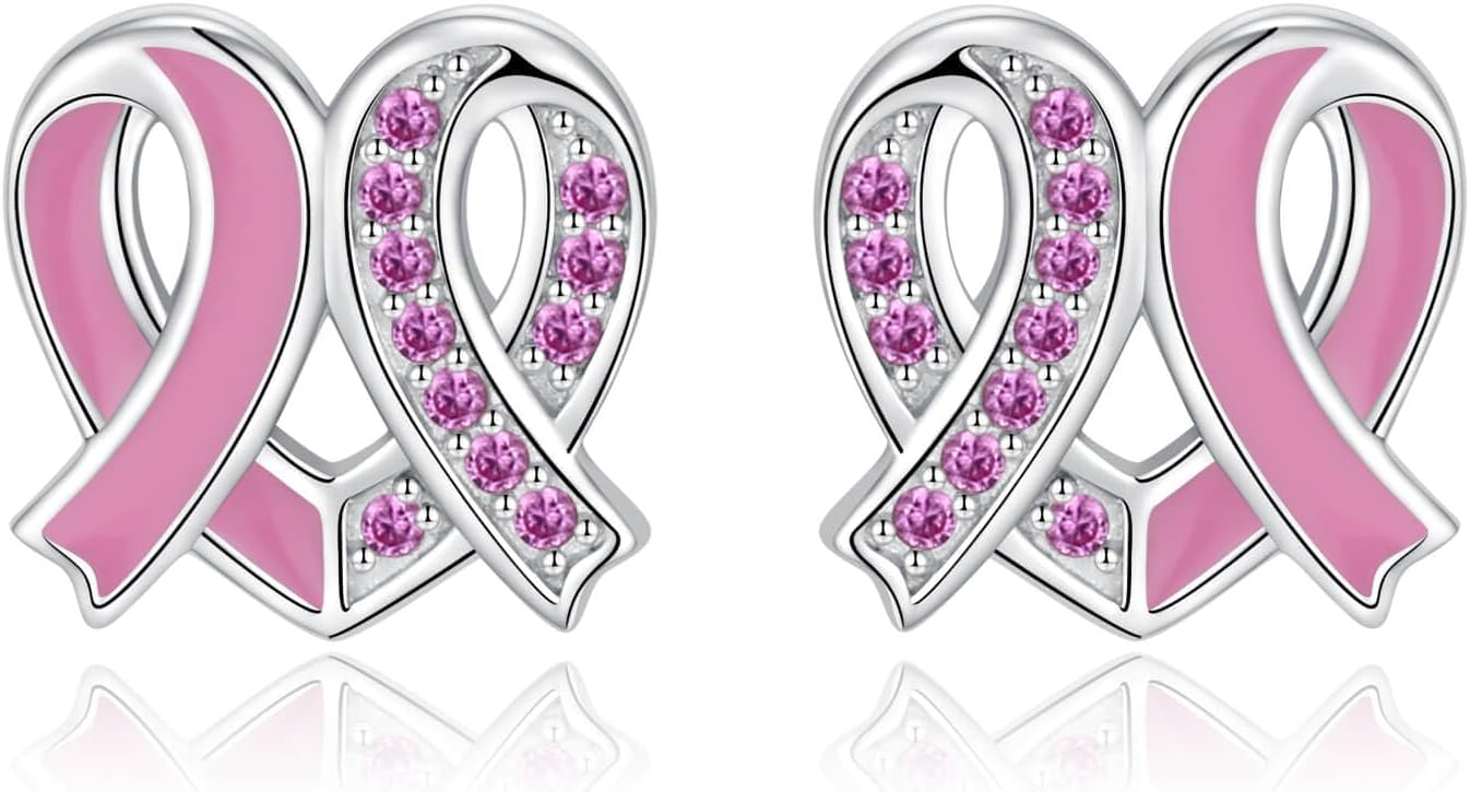 925 Sterling Silver Pink Ribbon Breast Cancer Awareness Stud Earrings Inspirational Gift for Women