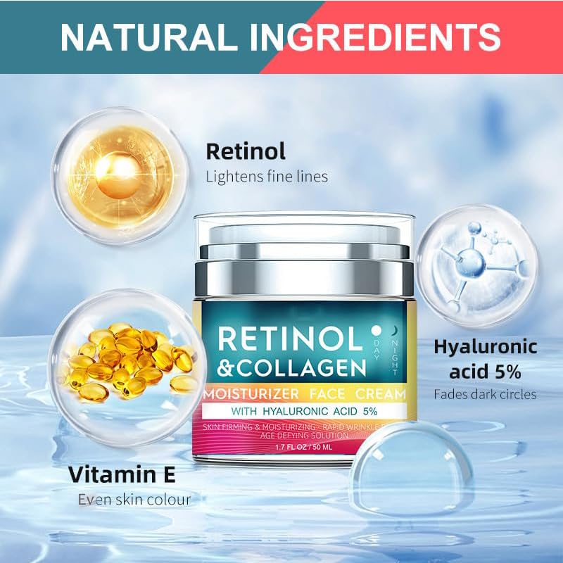 Miniatura 4 de Crema de retinol para cara con ácido hialurónico, hidratante antienvejecimiento de día y noche para mujeres y hombres, crema de colágeno para la