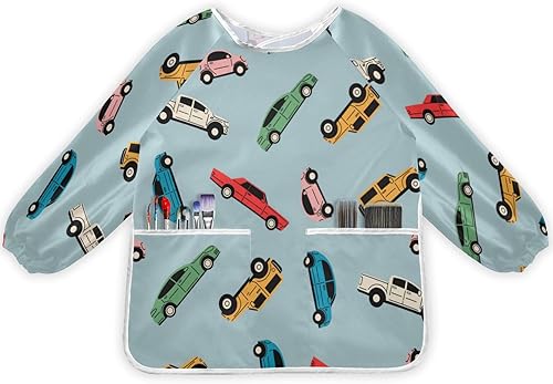 YETTASBIN Delantales de dibujos animados para niños, delantales de manga larga impermeables con 2 bolsillos para niños de 2 a 6 años