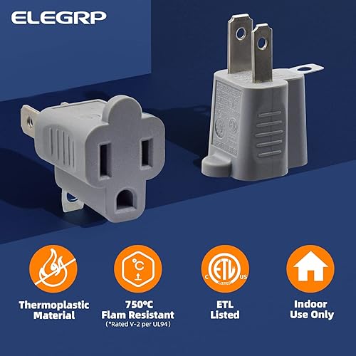 Miniatura 2 de ELEGRP Adaptador de enchufe de salida de 2 clavijas a 3 clavijas, convertidores de adaptador de tres clavijas a dos clavijas para enchufes de pared,
