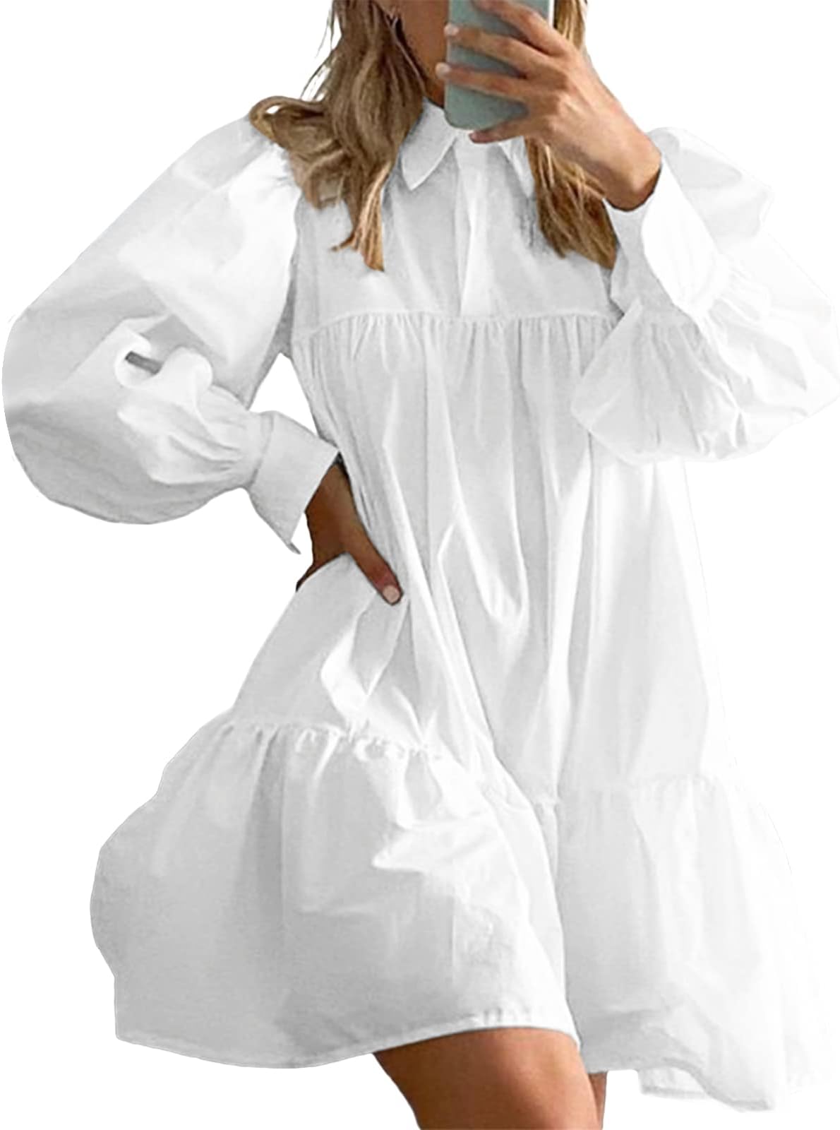 Women Maxi Dress Long Dress V-Neck Stand Collar Short Lantern Sleeves Puff Sleeves Stitching Hem Shirts Dress