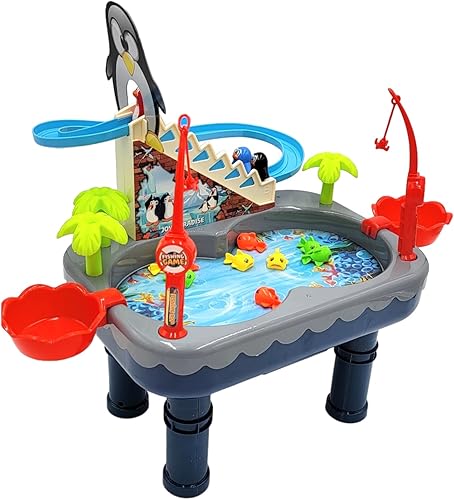 Juego de juguetes de pingüinos de pesca con estanque magnético electrónico 3 pingüinos magnéticos 9 peces 2 cañas de pesca con música azul