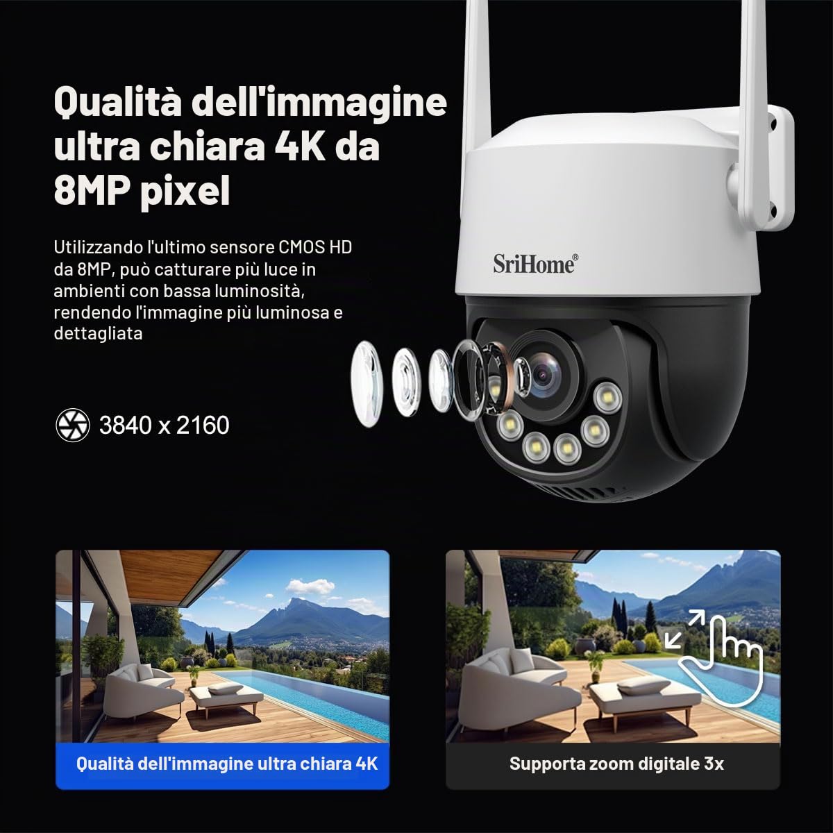 SRIHOME 8MP 2.4/5GHz PTZ telecamera di sorveglianza WiFi esterna 3X elettronico Zoom Monitoraggio Automatico Rilevamento Umano Audio Visione Notturna bidirezionale