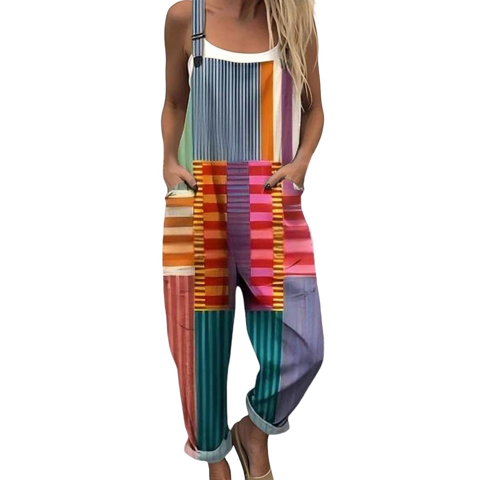 Generisch Salopette estiva da donna, con stampa bohémien, con spalline regolabili, pagliaccetto a gamba larga, stile retrò, casual, oversize, in lino, con bretelle