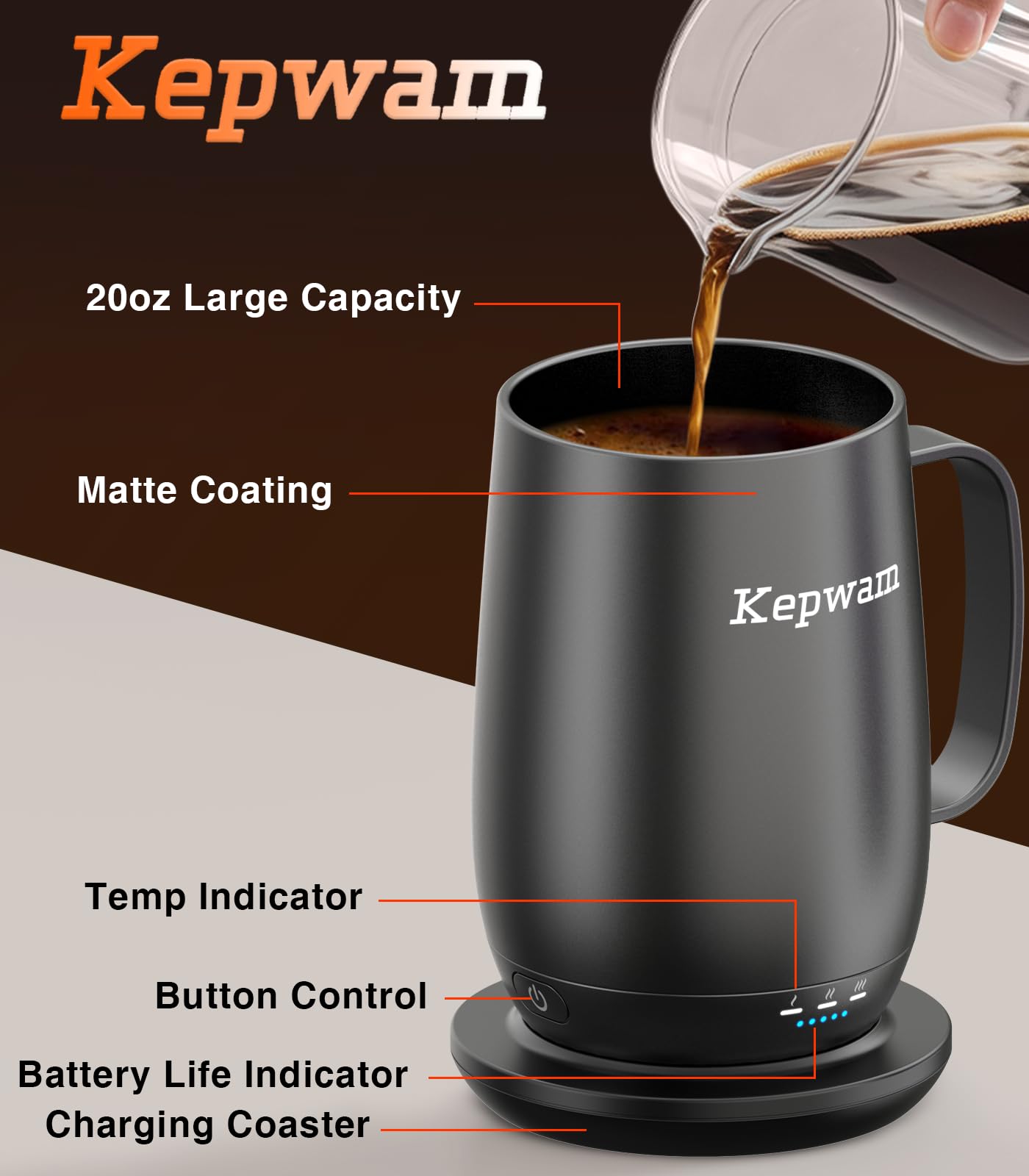 Kepwam Taza de café con calefacción T2-Plus, taza de café con calefacción de gran capacidad, capacidad líder, hasta 8 horas de batería y caliente hasta 65.0 °C, taza de café inteligente para mujeres y