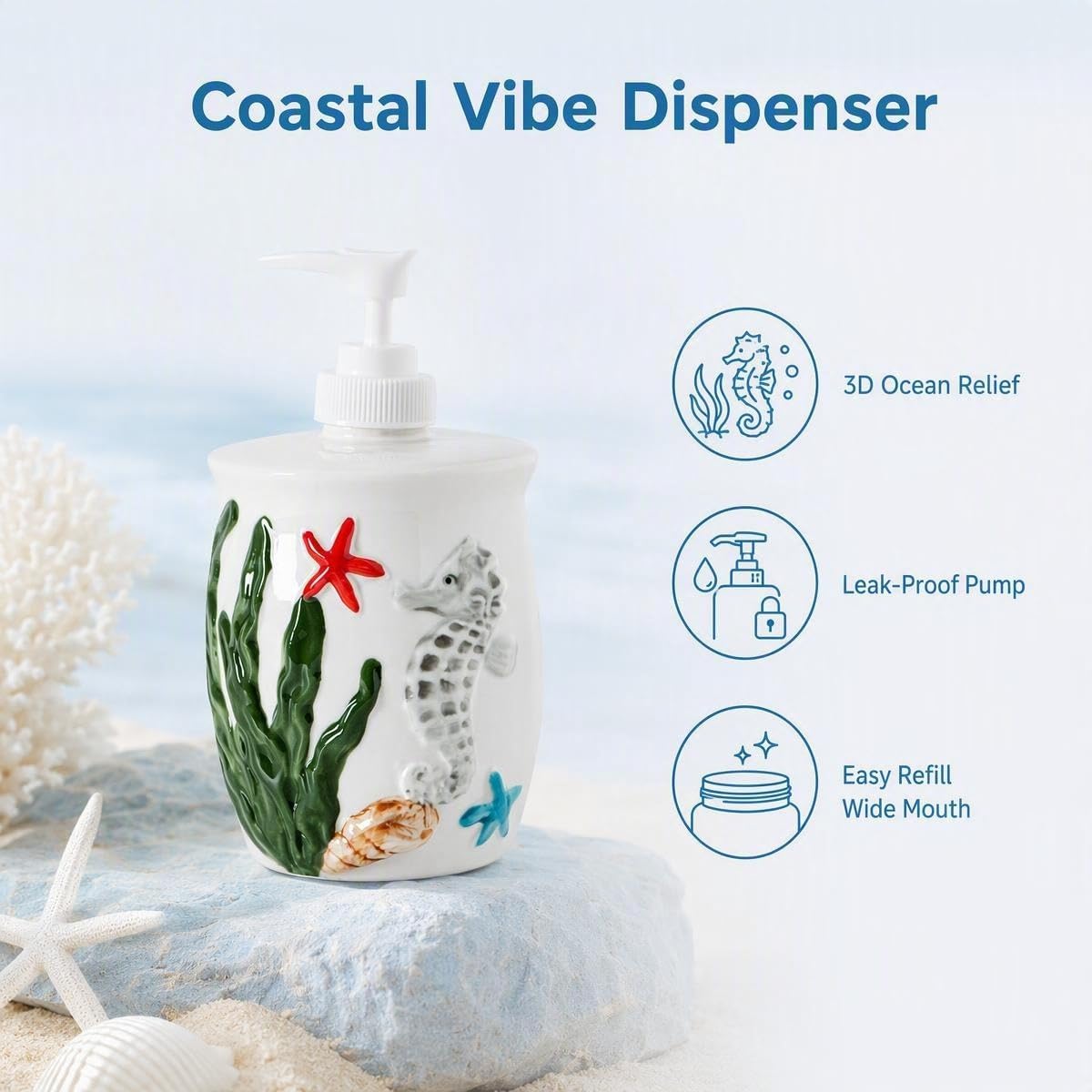 Ocean Ceramic Soap Dispenser for Bathroom Kitchen Lotion Pump Bottle
