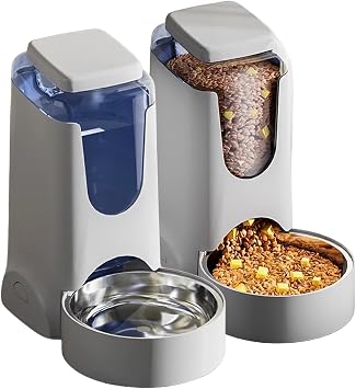 Pets Automatic Gravity Feeder Dogs 2.8L Food & 4L Water Dispenser Set with Stainless Steel Bowl for Small Medium Big Puppy KittenLight Gray
