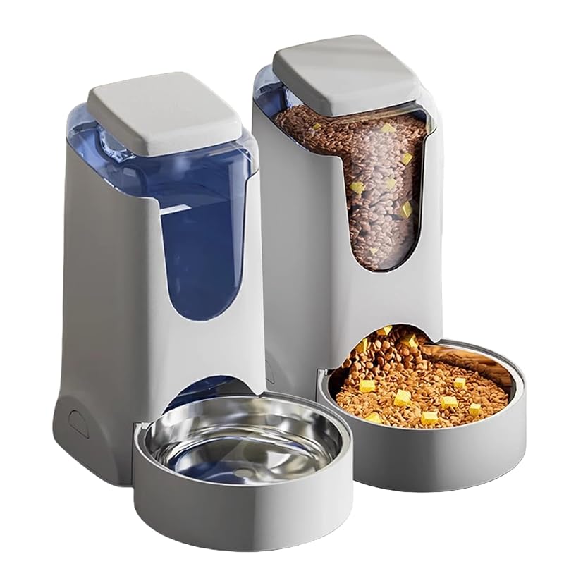 Comedouro e Bebedouro Automáticos por Gravidade Hamiledyi em Plástico e Aço Inoxidável, Cinza-claro, 2,8 L + 4 L