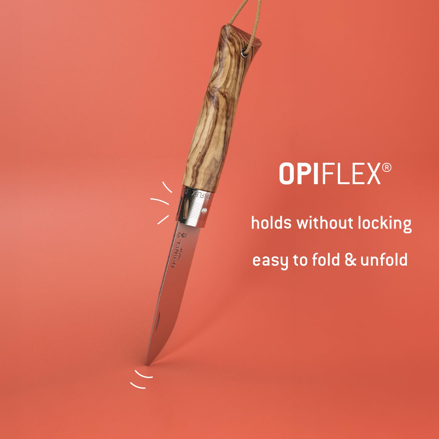 OPINEL - neo6 Opiflex Olivier - Coltello Tascabile Tradizionale - Lama 7 cm in Acciaio Inox, Manico in Legno d'Ulivo Verniciato a Grana Mediterranea, OPIFLEX Senza Blocco, Laccetto in Pelle