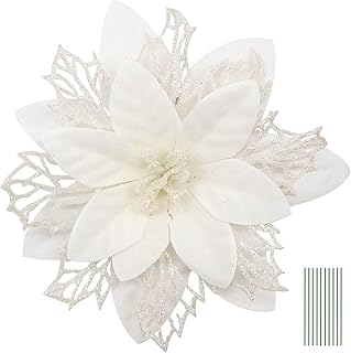 Yueshop 10PCS Artificial Flowers Christmas Glitter Artificial Three Layer Floral Accessories for Christmas Tree Ornaments Xmas Garland Wreath DIY Decorations (White)