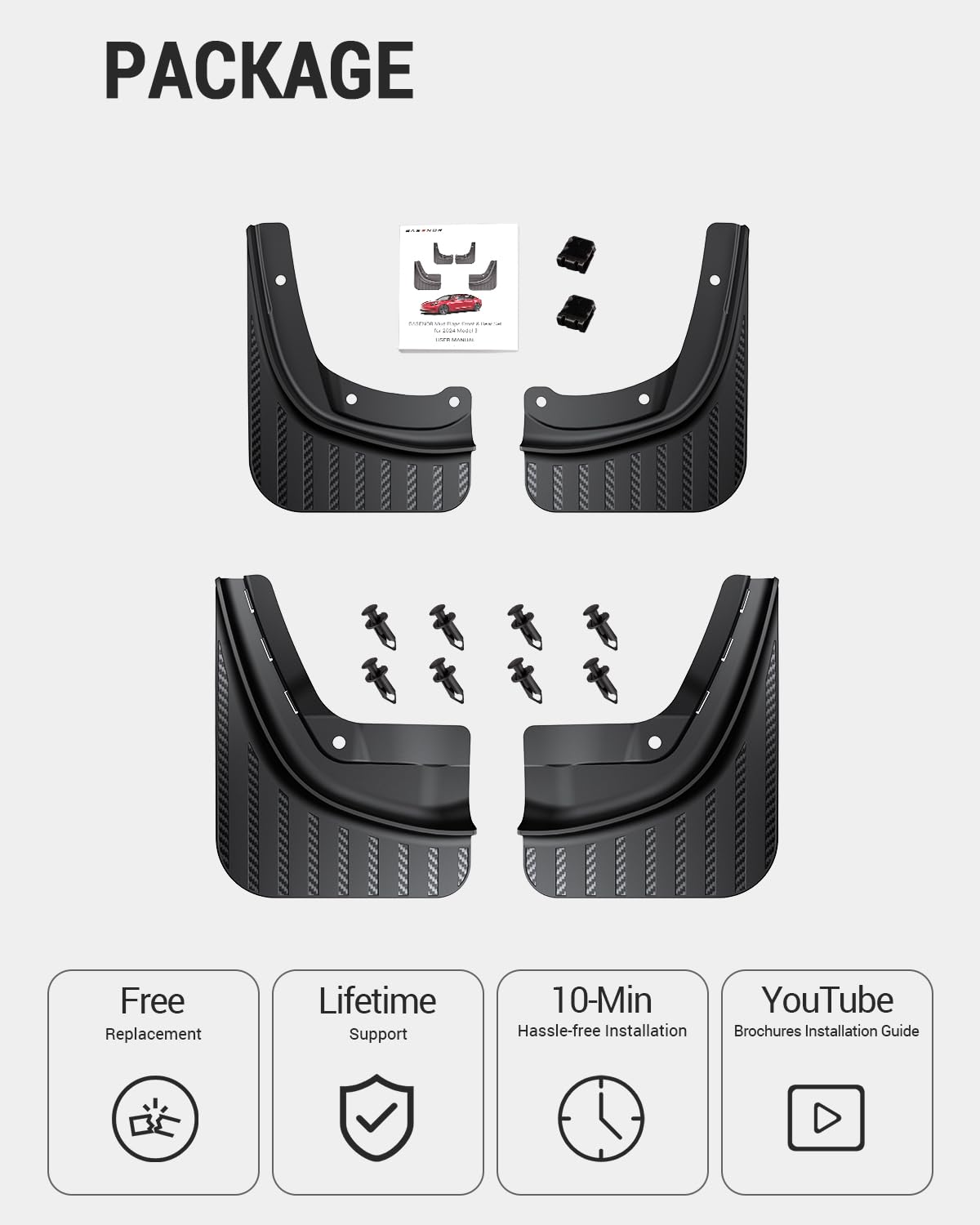 BASENOR Nowa wersja 2024-2026 Tesla Model 3 Highland Mud Flaps Splash Guards [Bez wiercenia, bez taśmy] [10x mocniejsze] All Weather Tire Protector Mudflaps do modelu 3 2024-2026 Akcesoria zewnętrzne