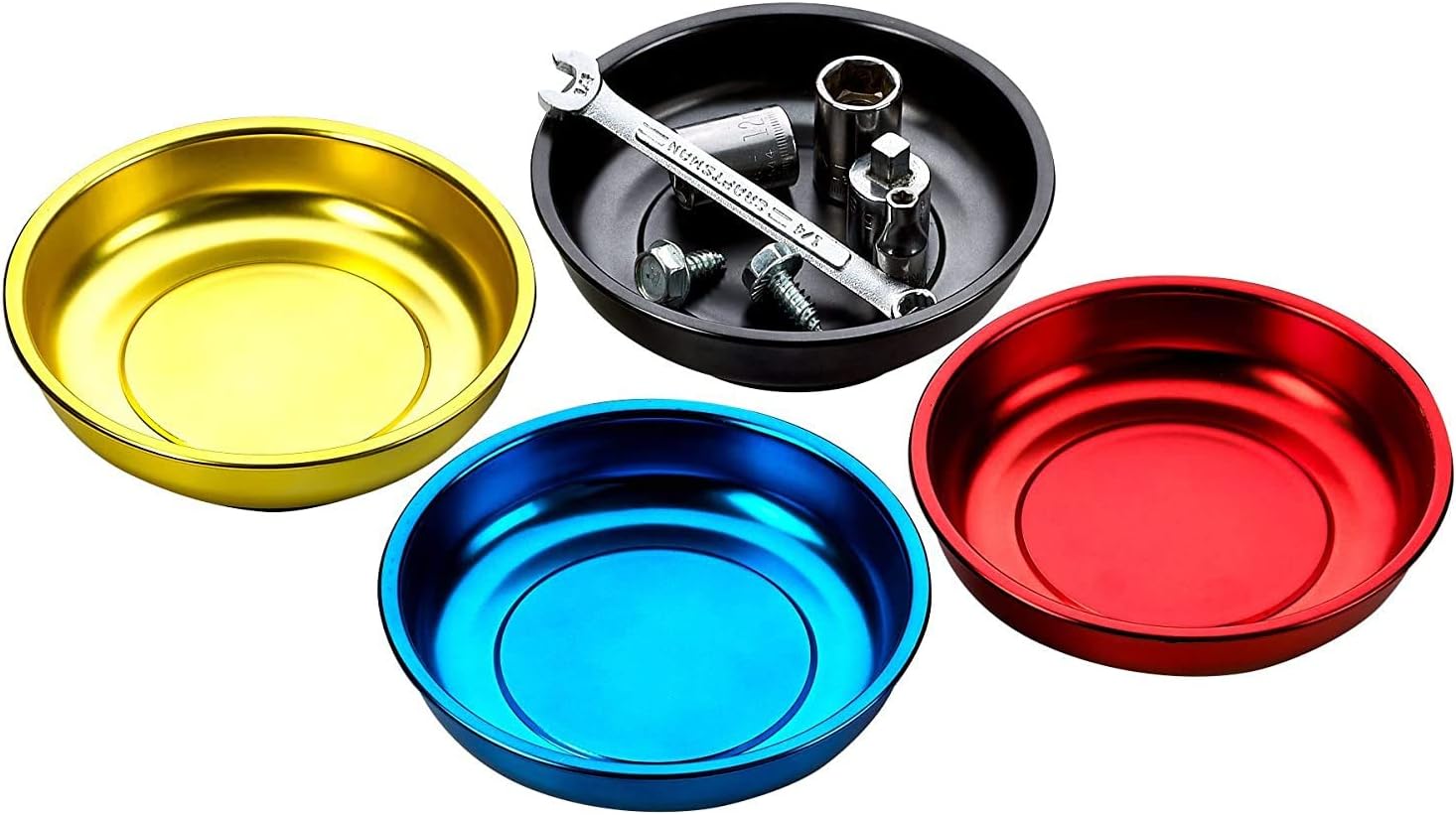 KatzcoMagnetic Mini Tray Holders - 4 Pack Multi Color - Use in Garage, Home, Construction - for Nuts, Bolts, Washers, Iron, Nails, Screws, Sockets, Bits, Etc. - 4 Inch Diameter x 1-1/4 Inch Depth