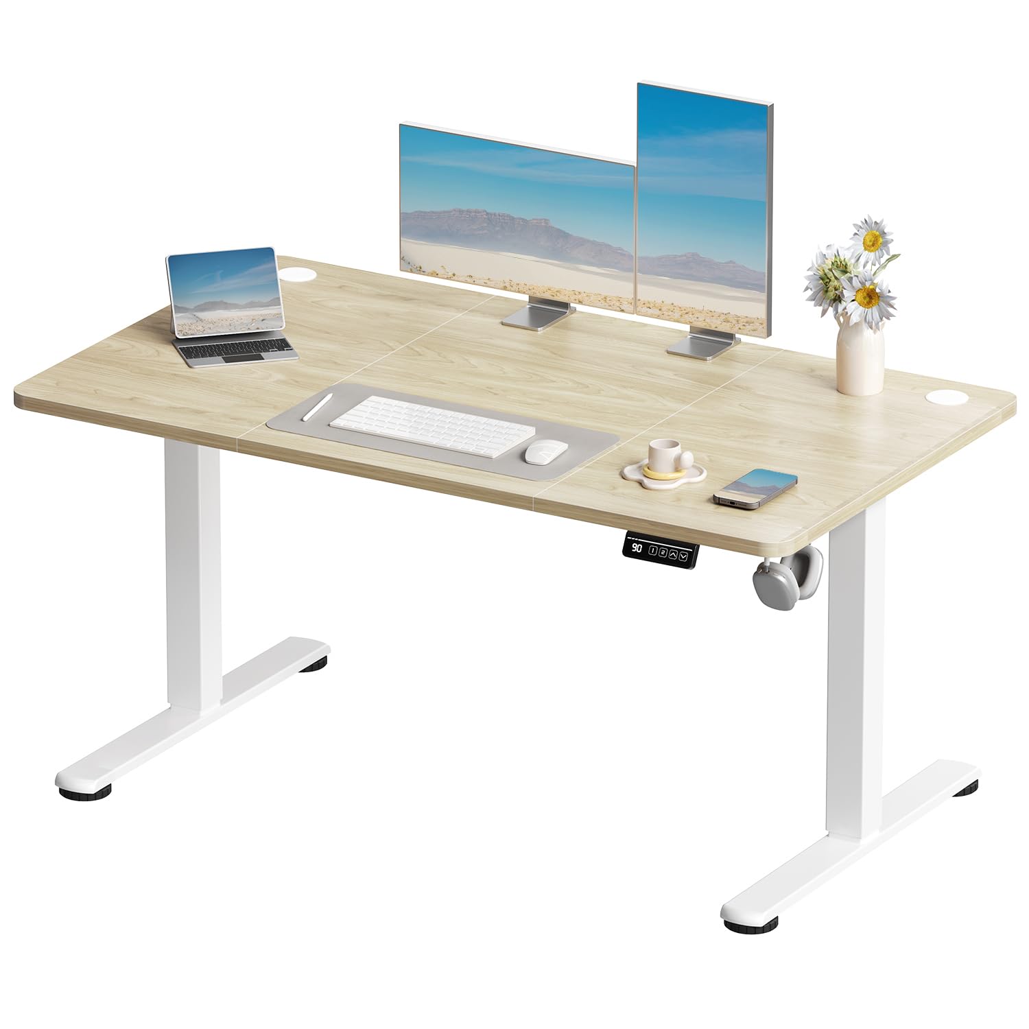 Devoko Electric Standing Desk 130x60cm Sit Stand Table Height Adjustable Desk with Backpack Hook and Memory Smart Panel, Home Office Desk with Splice Board, Beige