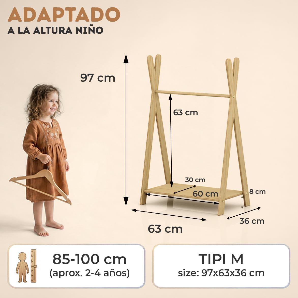 Perchero de Pie TIPI M 97x63x36 cm Burro Ropa Montessori Contrachapado de Pino FSC Barra para Ropa Estante Capacidad de Carga 30 kg
