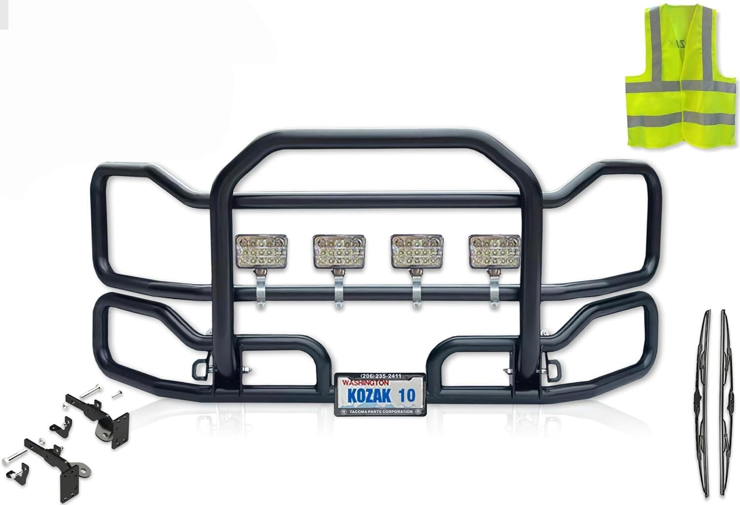 Black Front Grille Deer Moose Brush Bumper Guard Large Compatible with Peterbilt 384 PLUS 4x 6" Square LED Headlights, Bracket, Logo, Wipers, License Plate Holder & Frame, Reflective Vest