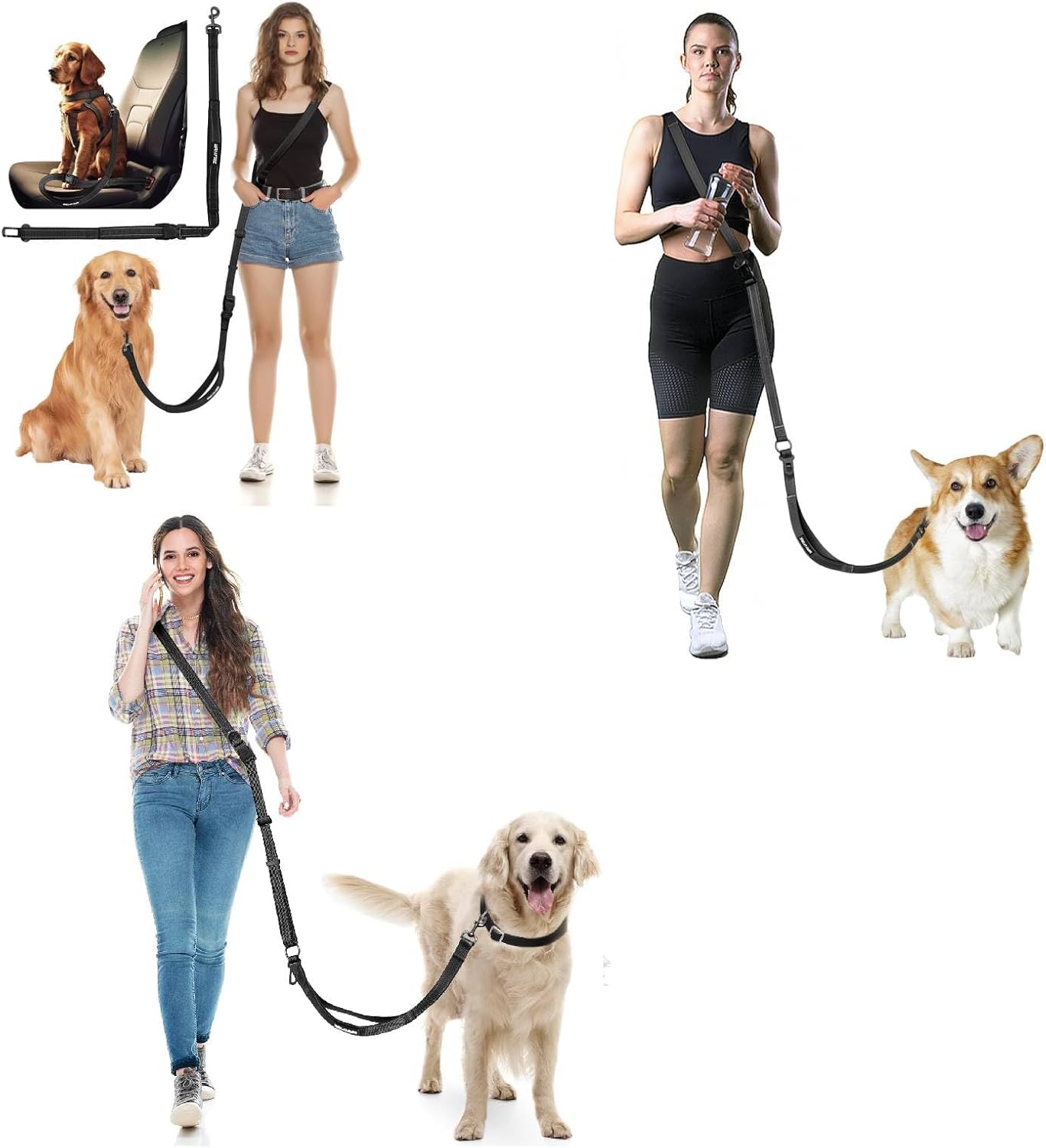 Hands Free Dog Leash with Car Seatbelt, Multifunctional Waist & Crossbody Dog Leash, 6.3-9.5Ft Adjustable 2-in-1 Handheld & Belt Design, Reflective Stitching for Medium & Large Dogs Walking, Running,