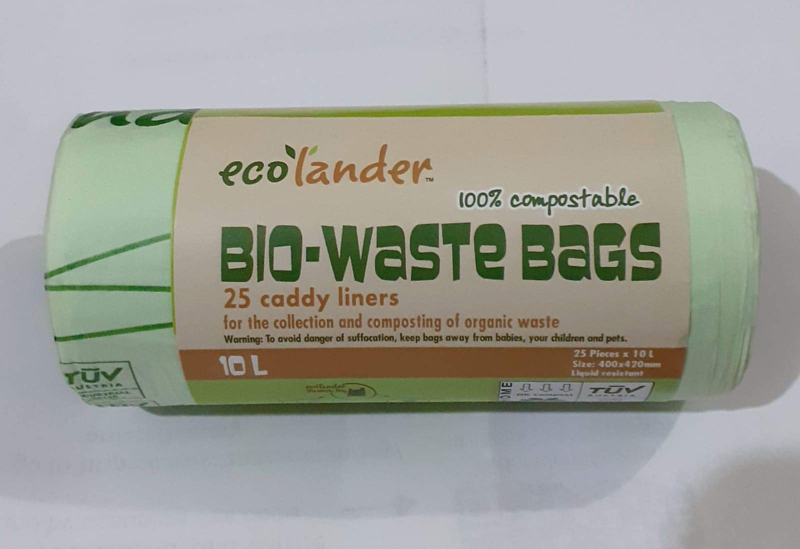 Ecolander Green 10 Litre Biodegradable & Compostable Liners - Bio-Waste Bags - 25 Caddy Liners