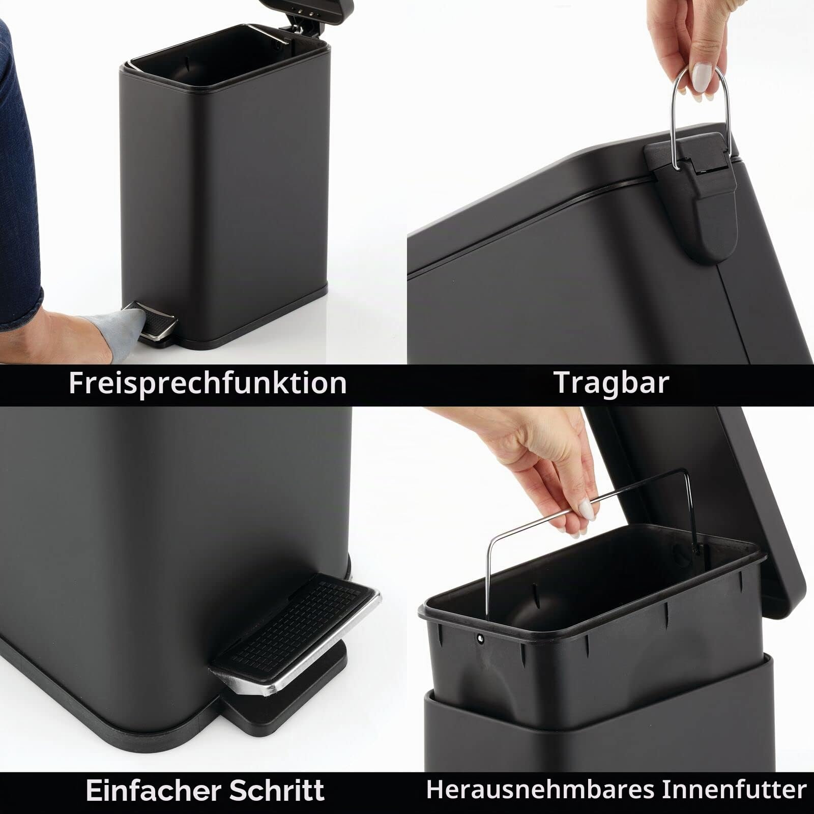 mDesign rechteckiger Tretmülleimer mit 10 L Kapazität – kompakter Mülleimer mit Inneneimer für das Bad, Schlafzimmer oder Büro – moderner Papierkorb aus Metall und Kunststoff – schwarz