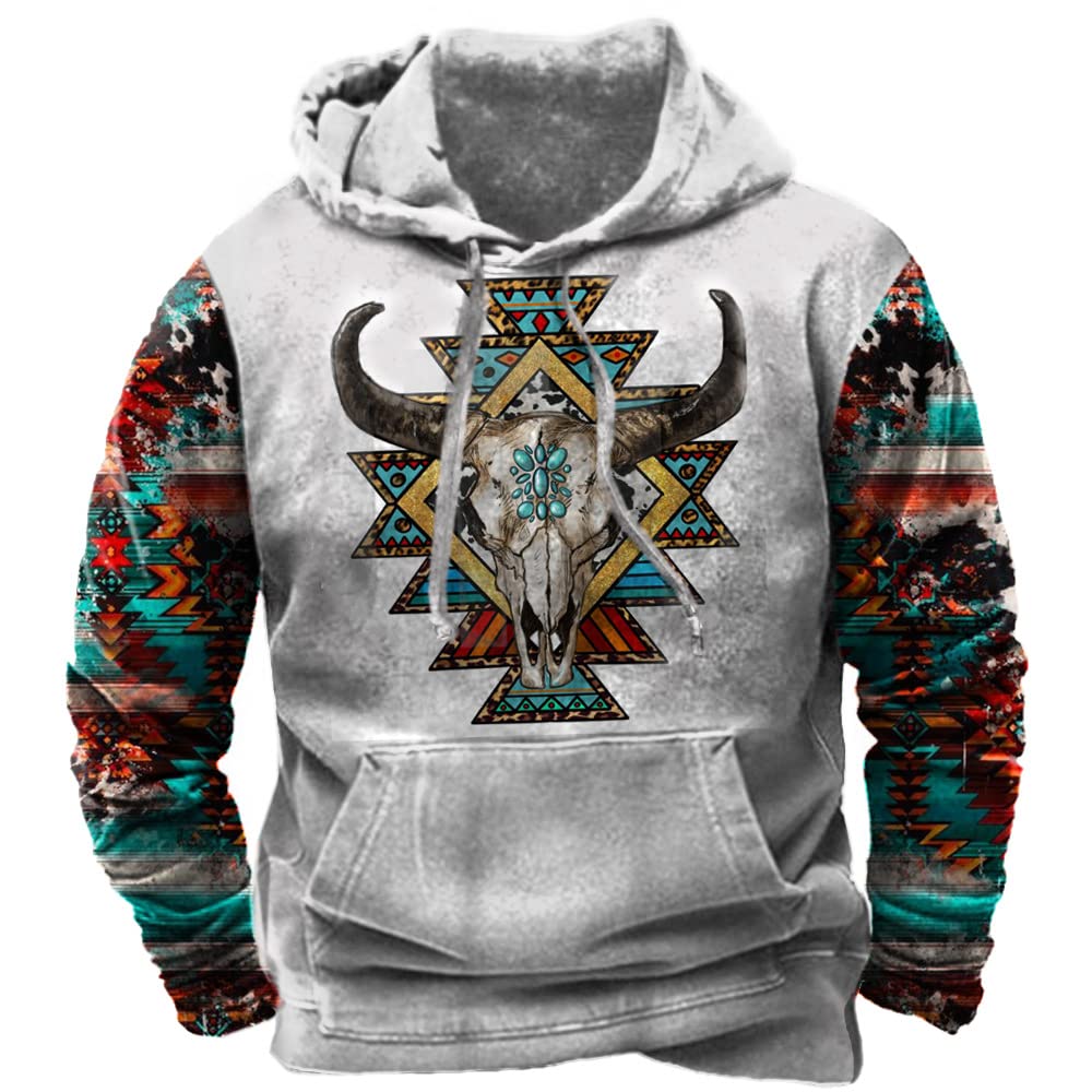 PORCLAY Mens Aztec Hoodie Western Cowboy Hooded Sweatshirt Country Graphic Print Oversized Pullover Shirts with Pocket