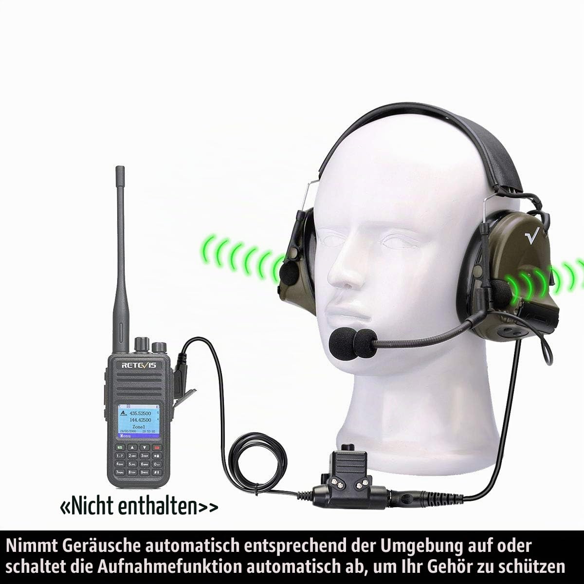Retevis Funkgeräte Headset, Taktisches Headset, IPX4 Elektronisch Rauschunterdrückung Kopfhörer für Motorola DP1400 CP040 CP88 CP100 CP150 GP68 GP88 GP300 CT150 für Airsoft CS-Übungen (1 Stück)