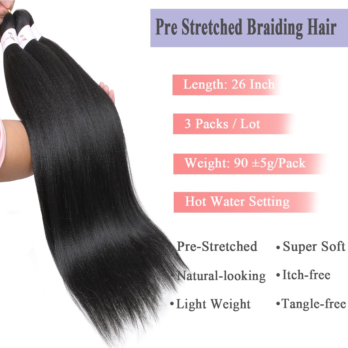 Leeven 26 Inch Pre Stretched Braiding Hair Natural Black Kanekalon 3 Packs EZ Braiding Hair Crochet Braiding Hair Extensions /T27# - Image 3
