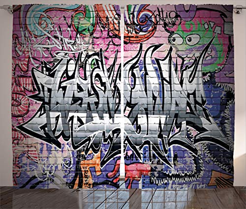 ABAKUHAUS Städtisch Rustikaler Vorhang, Graffiti Grunge Wandkunst, Wohnzimmer Universalband Gardinen mit Schlaufen und Haken, 280 x 175 cm, Grau Pink