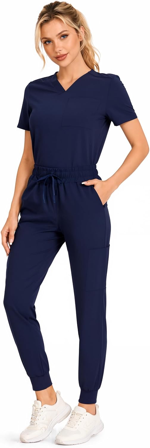 Women’s Scrub Set with 8 Pockets, Stretch V-Neck Scrub Top and Jogger Pants, Breathable Medical Uniforms