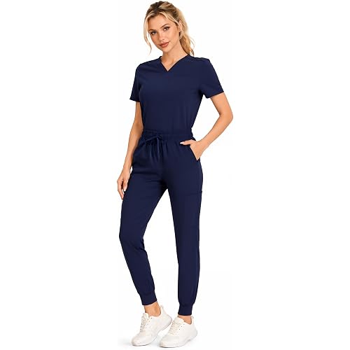 Women’s Scrub Set with 8 Pockets, Stretch V-Neck Scrub Top and Jogger Pants, Breathable Medical Uniforms