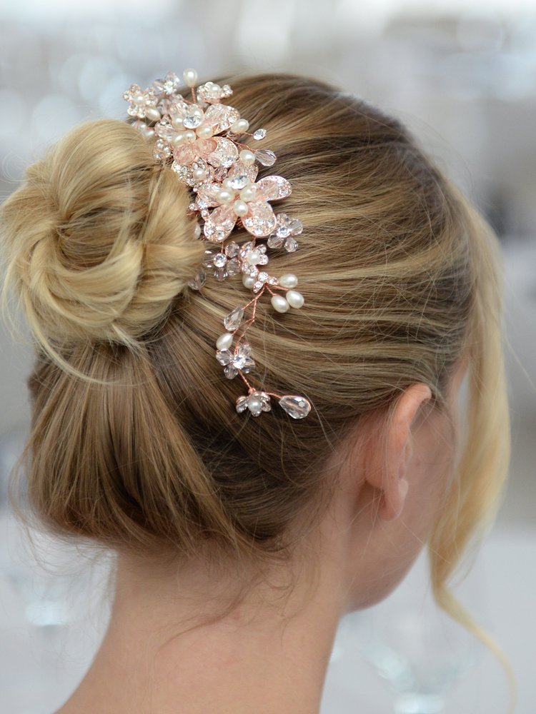 Mariell Vintage Wedding Rose Gold Hair Comb for Brides - Blush Flowers, Pearls & Crystal Hair Vine Sprays