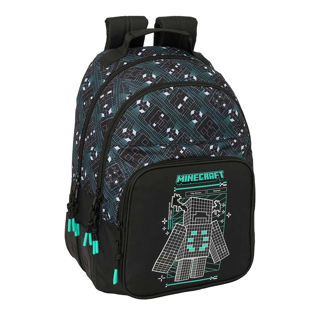 SAFTA | Mochilas Escolares Minecraft Adaptables a Carro, 32x42-44x15-16 cm, Doble Compartimento con Cremallera, Espalda y Hombreras Ergonómicas Acolchadas, Bolsillos Portabotellas, Medidas 32x15x42 cm