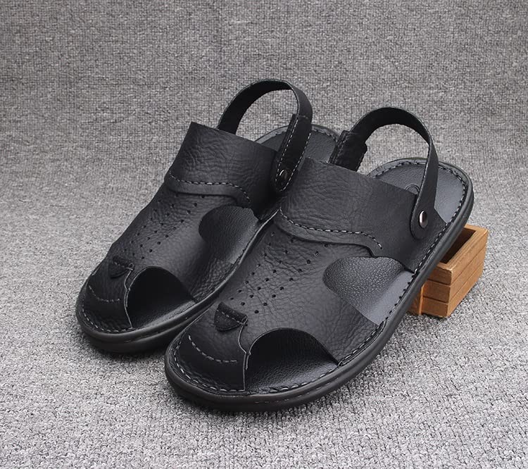 Men Sandals Classic Comfortable Man Shoes Beach Slippers Male Cow Leather Casual Shoes(White-Patch Five-Pointed star4,38 Code)2