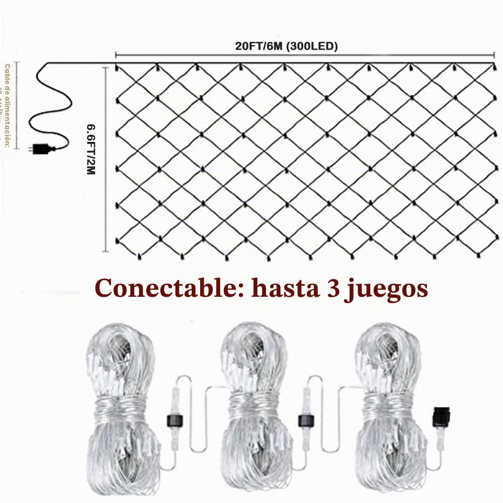 CORST Luces de red de 6 x 2 m, 300 LED, para interiores y exteriores, para arbustos, luces de malla, Interior impermeables, conectables, 8 modos para Fiestas,Pascua,Ventanas(blanco)