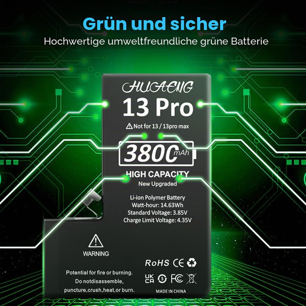 Akku für iPhone 13 Pro, [3800 mAh] Verbesserter 2026 Neuer 0-Zyklen-Ersatzakku mit hoher Kapazität für iPhone 13 Pro A2636 A2638 A2639 A2640 A2483 6,1 Zoll mit professionellem Ersatzwerkzeugsatz