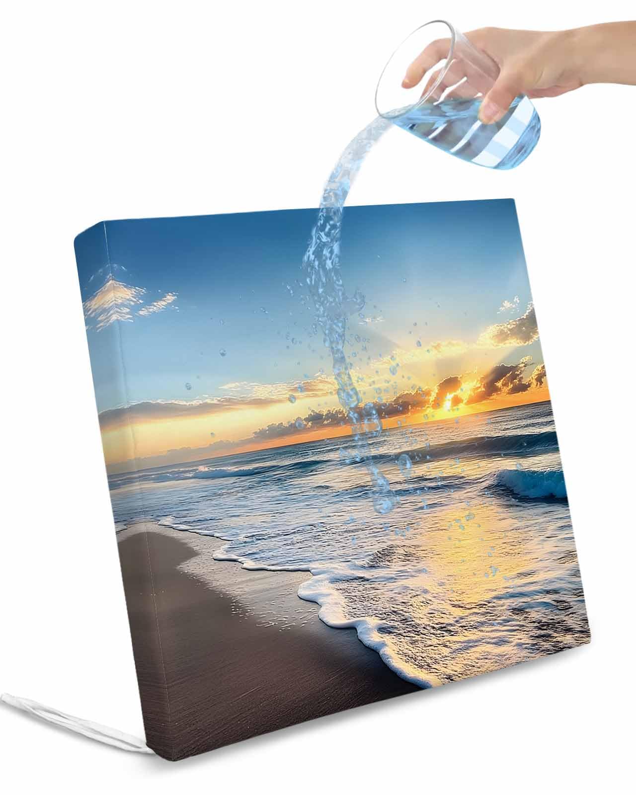 2 Pack Beach Ocean Waterproof Cushion Covers with Ties, Outdoor Patio Chaise Lounge Chair Seat Cushion Slip Covers Replacement(Only Cover) Sunset Sea Waves Spray Sky Nature Landscape 24