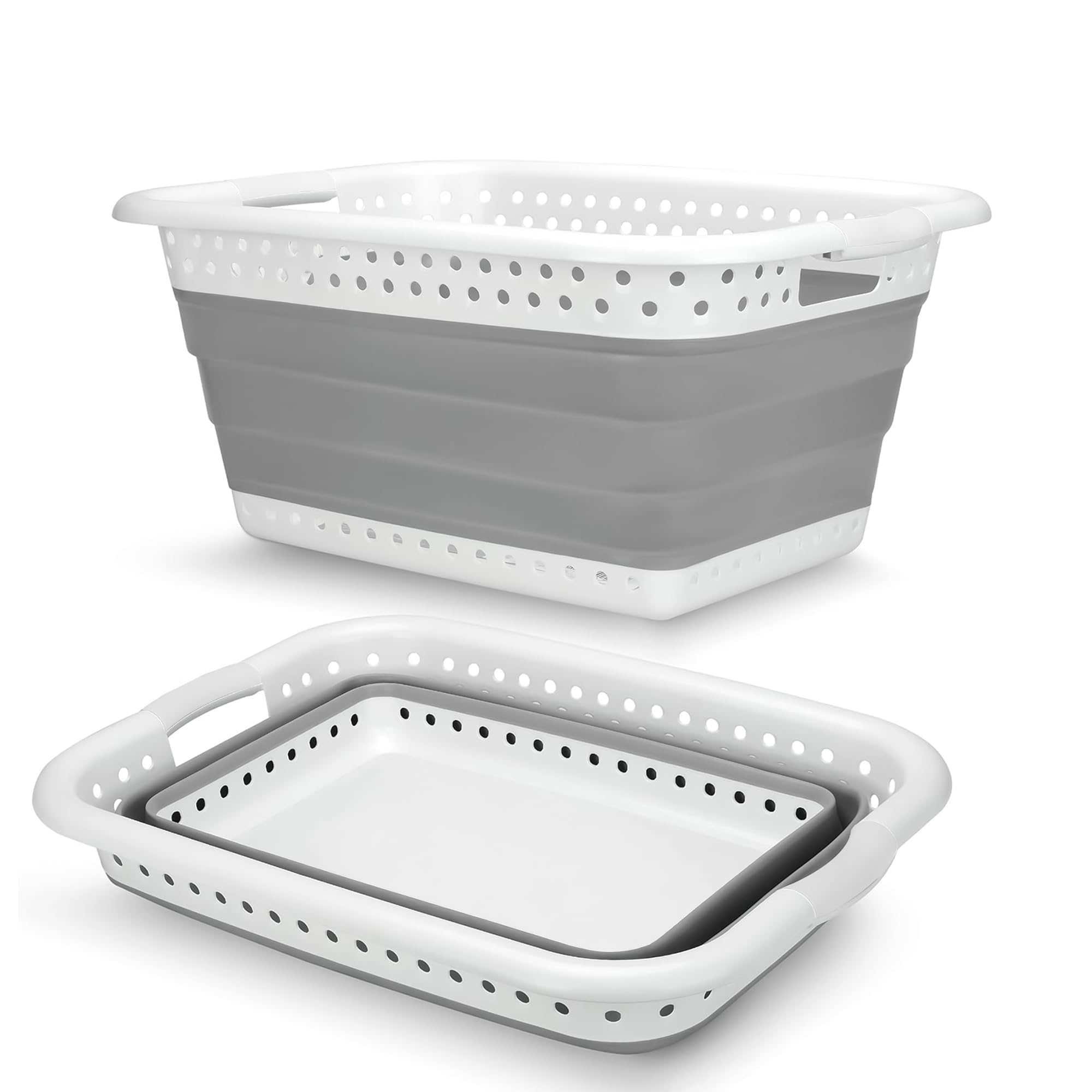 Flatro Grey & White Collapsible Laundry Baskets | Plastic Washing Basket 37L | Folding Washing Basket With Handles | Space Saving Collapsible Laundry Hamper For Clothes, Bedding, Towels, Etc