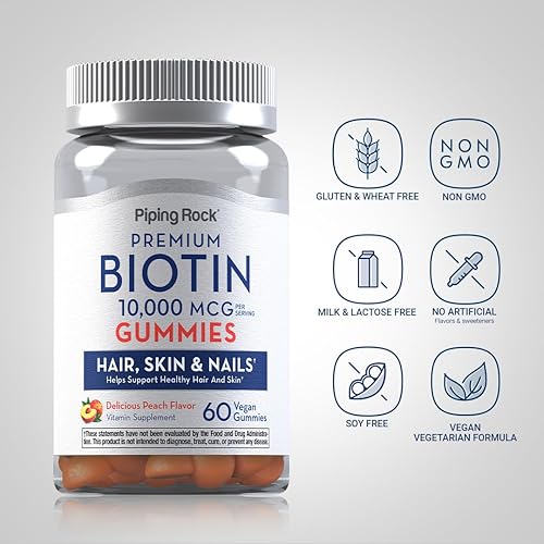 Miniatura 3 de Piping Rock Gomitas de 10000 mcg  60 unidades  Suplemento para el cabello, la piel y las uñas  Sabor melocotón  Vitamina para mujeres y hombres