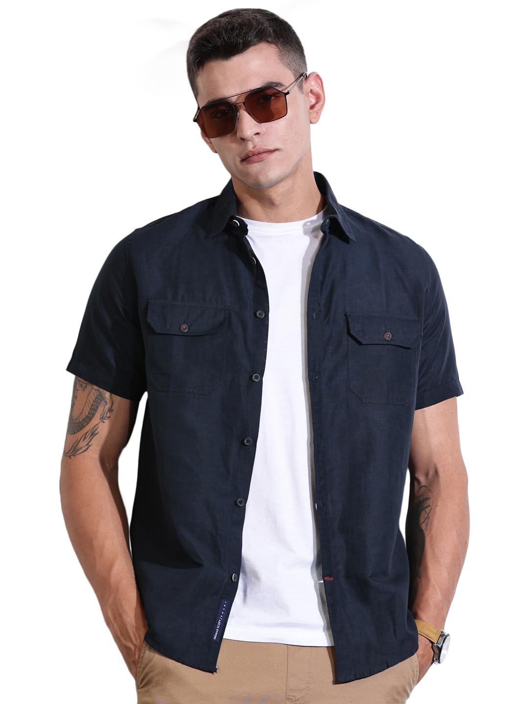 thomas scott Men's | Solid | Half Sleeve | Slim Fit | Linen Blend | Double Flap Pocket | Spread Collar | Casual Shirt for Men-picture-51