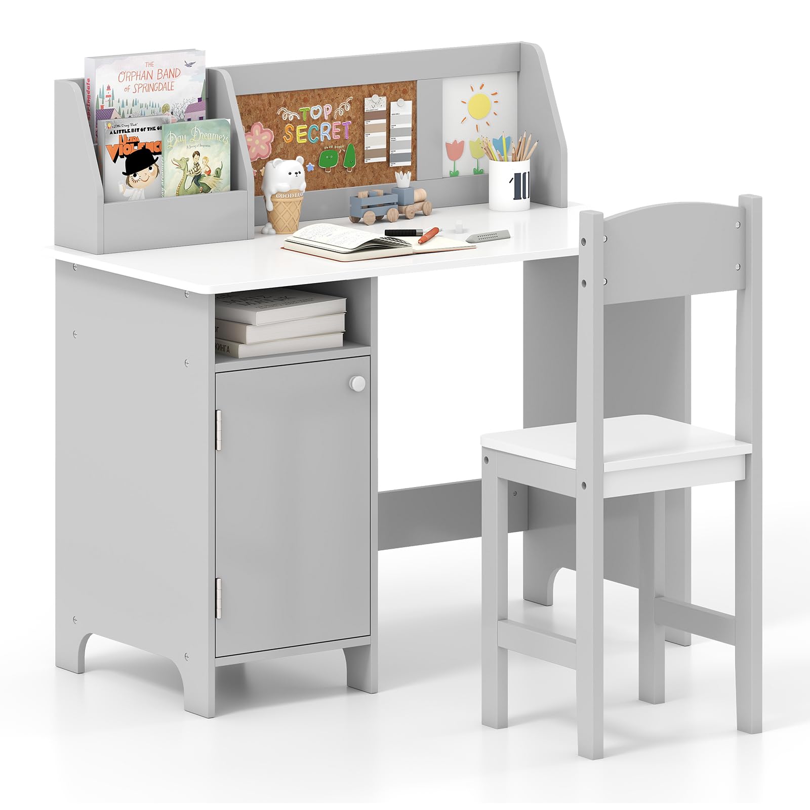 COSTWAY Bureau Enfant Garçon Fille avec Chaise Bibliothèque Tableau d'Affichage, Table Enfant Bois Étagère Armoire Rangement, Charge 50/90kg 3 Ans+ Gris