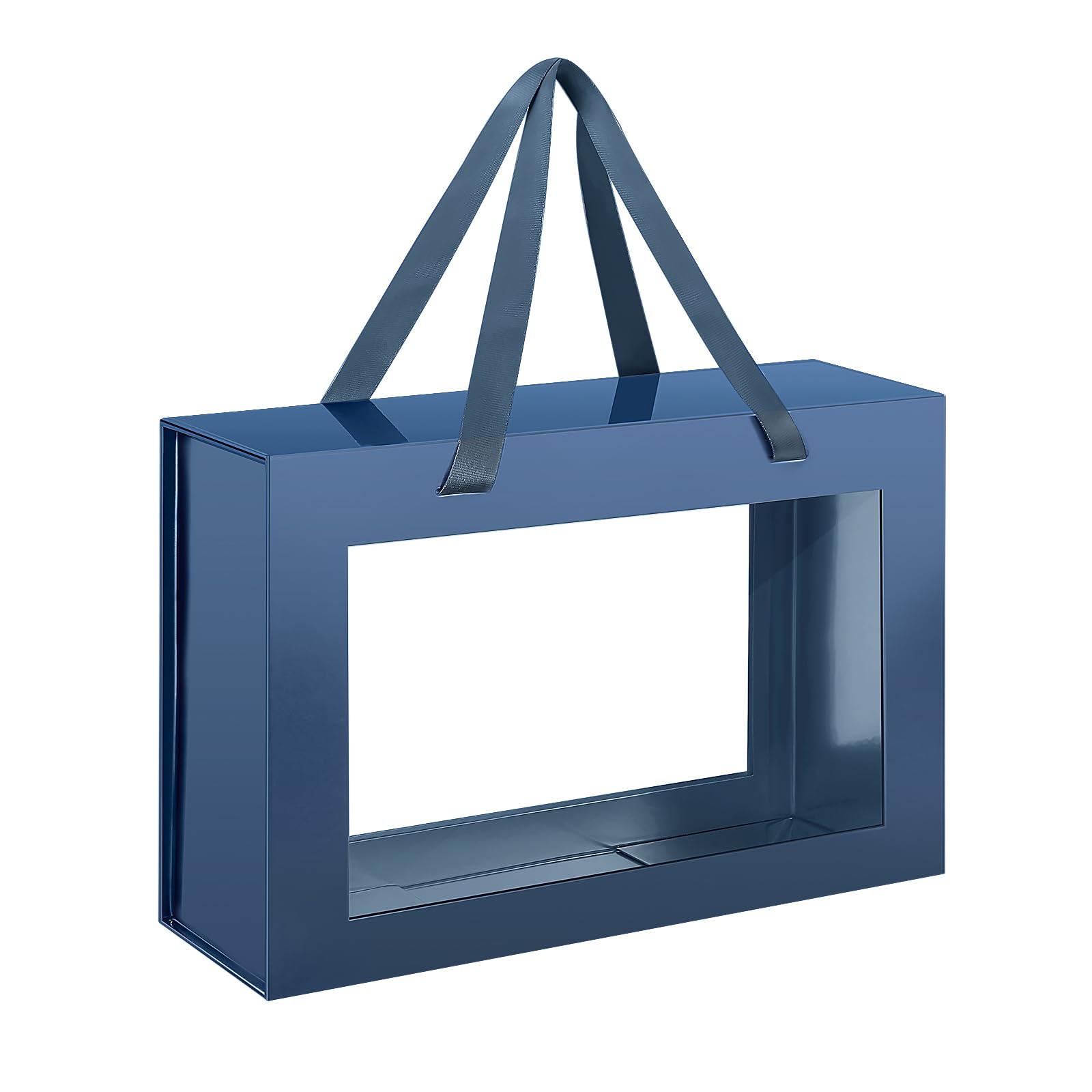 ROSEGLD Large Clear Gift Box with Handle 13.5x9x4.1 Inches, Groomsman Proposal Box, Magnetic Gift Box for Present (Glossy Navy Blue)