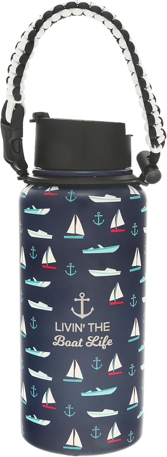 Pavilion Gift Company - Livin' The Boat Life - 32oz Stainless Steel Travel On The Go Water Bottle Coffee Thermal With Survival Rope Handle - Boat Beach Lake Lover Gift - 12 Hrs Cold & 6 Hrs Hot
