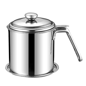 Kitchen Oil Pot Stainless Steel Oil Household Cooking Oil Fat Separator with Lid(304 & 1.8L & Round Steel Handle)-POOWE
