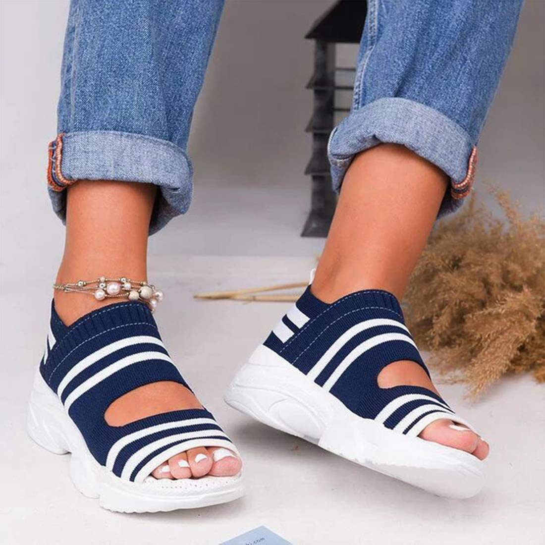 FMOGE Woman Platform Sandals, Slip On Shoes Anti-Slip Walking Knitting Sock Sneakers Thick Bottom Platform Sandals Shoes Women Summer Casual Strappy Elastic Platform Sports Fish Mouth Shoes