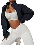 Muchpow Women's Full Zip Fleece Short Jackets Casual Winter Long Sleeve Stand Collar Sherpa Crop Coat