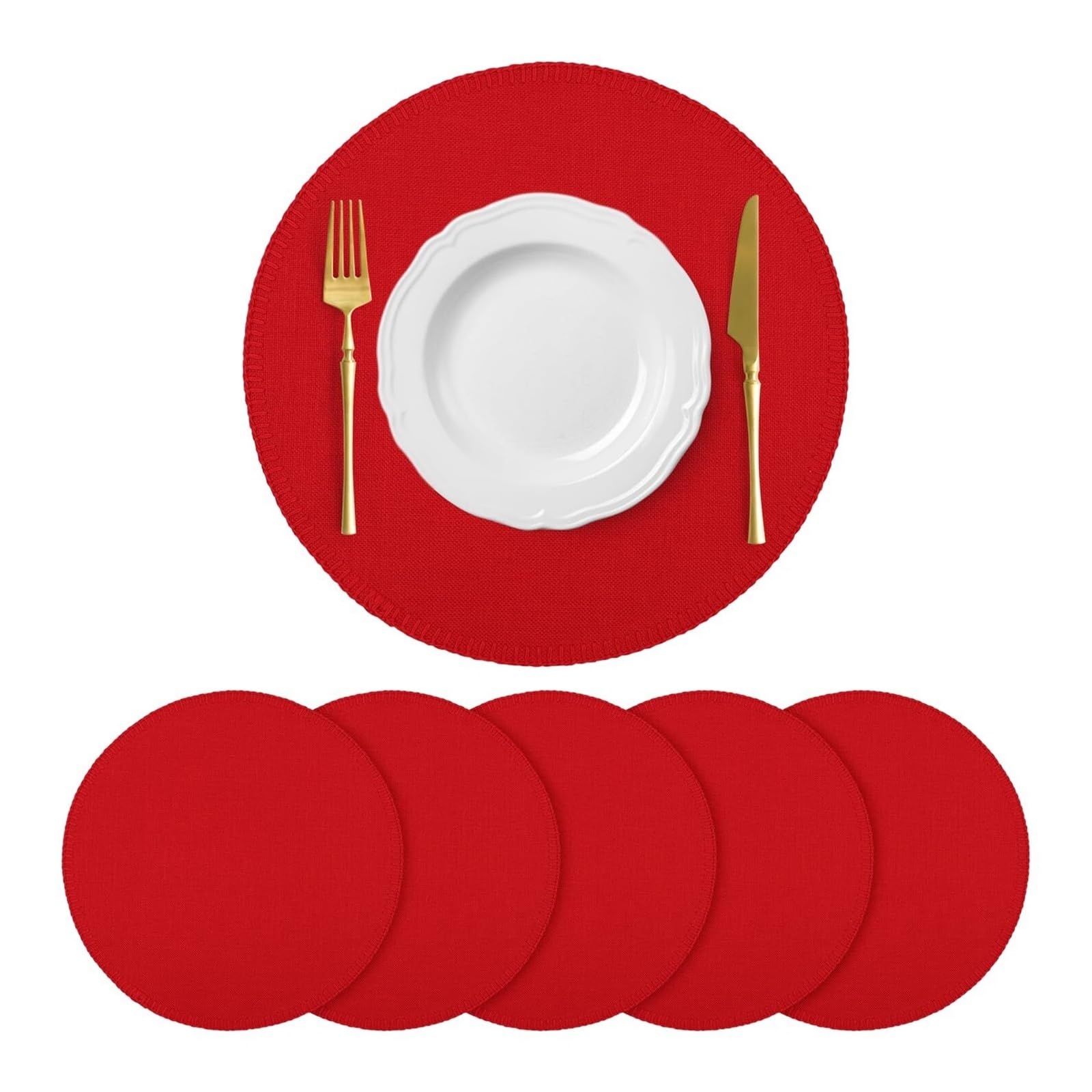 Zeahkri Red Solid Color Placemats 4Pcs 15 Inch Round Linen Heat Resistant Placemat