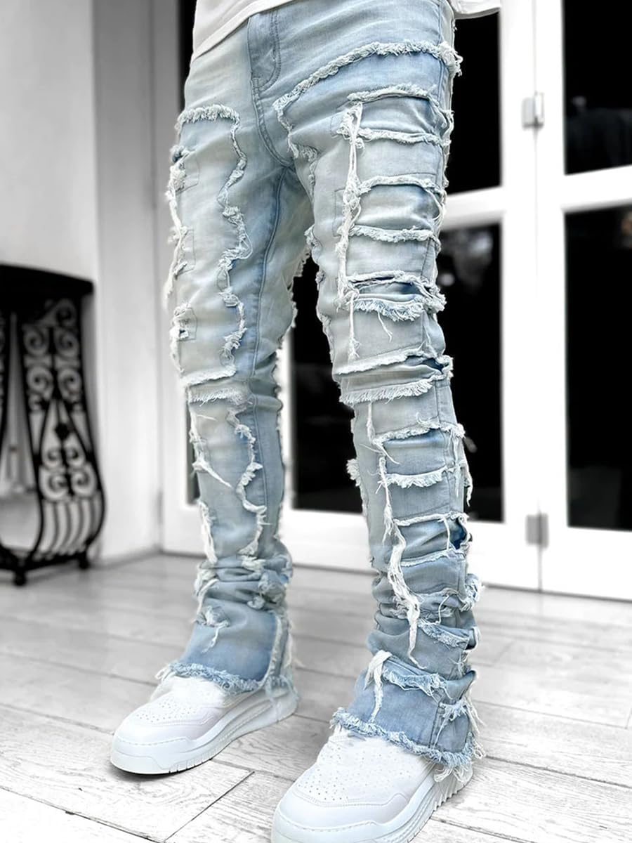 Stacked Jeans Men Skinny Ripped Jeans Slim Fit Denim Pants Y2K Goth Harajuku Emo Jeans Trouser