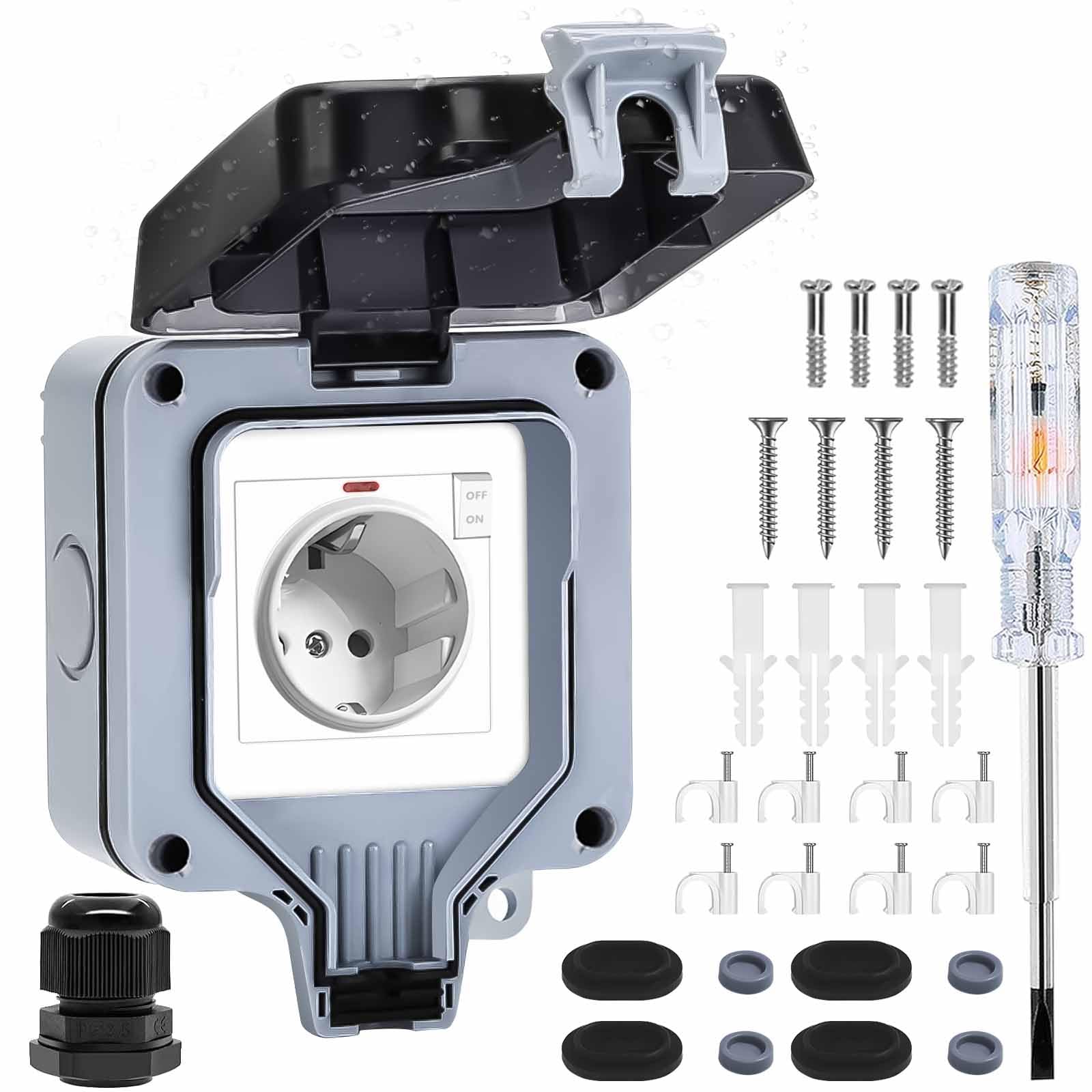 Presa Esterna Impermeabile IP66 Con Interruttore - Per Bagno, Giardino, Piscina E Garage