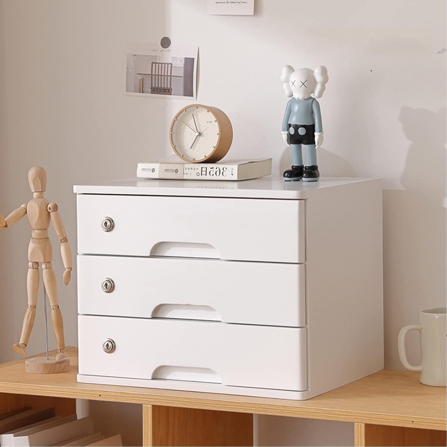 Wooden Desktop File Cabinet with Lockable Drawers Multilayer Storage Box Organizer for Monitor Stand and Printer Platform(C-3 Drawer)