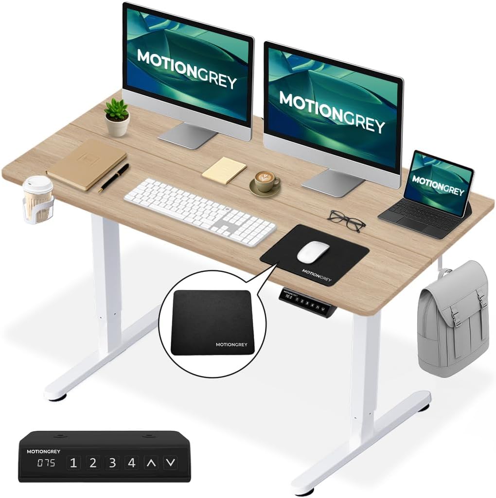 MotionGrey Ergo2 - Electric Standing Desk 47” x 24”, Height Adjustable Desk with 4 Memory Presets, Light Brown Top, White Frame, Ergonomic Home Office & Gaming Desk with Cup Holder, Hooks, Mouse Pad - Amazon product rated Grade C