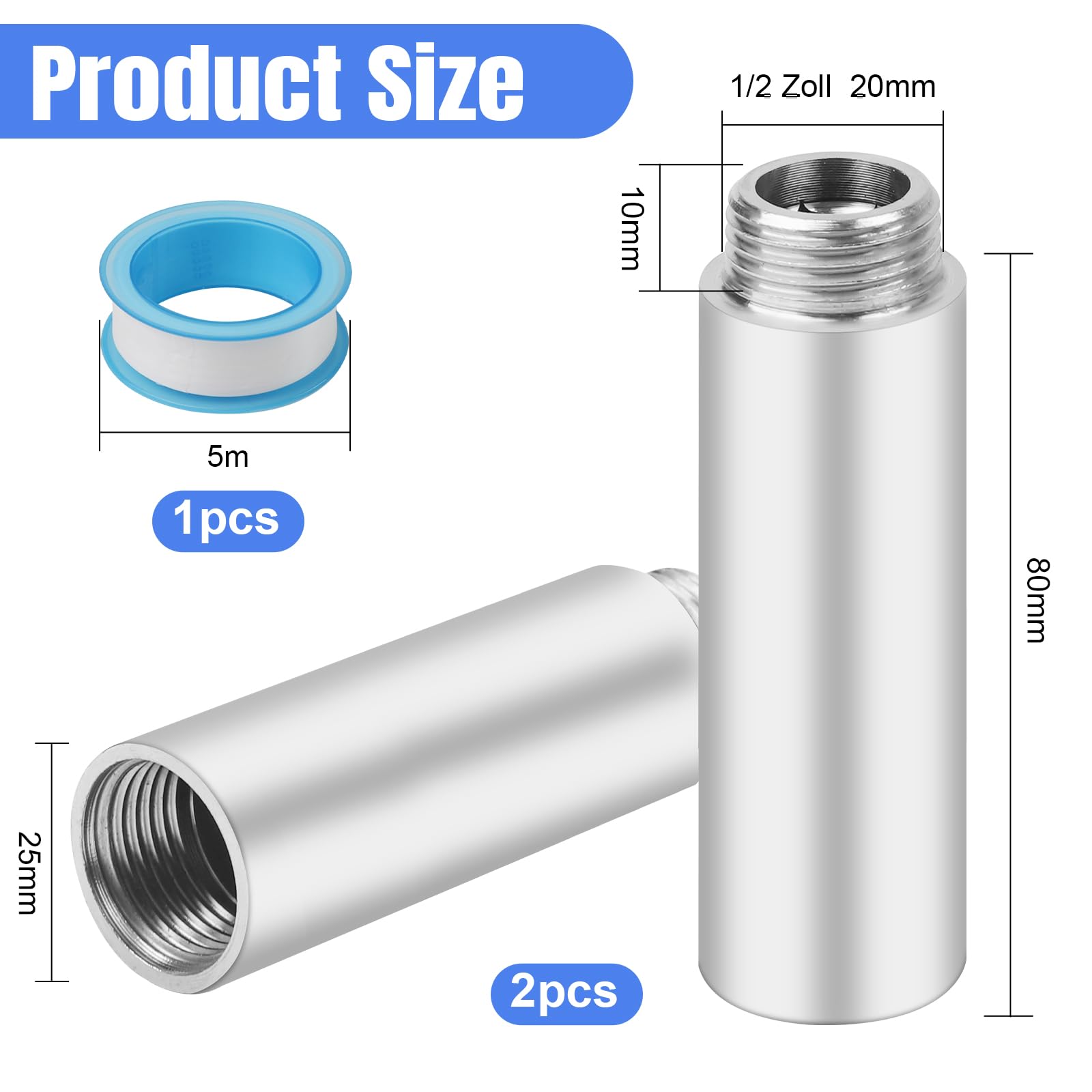 2 extensiones de grifo de 1/2 pulgadas de 80 mm de acero inoxidable, extensión de cabezal de ducha, extensión de conexión de agua para grifos, válvulas angulares y cabezales de ducha